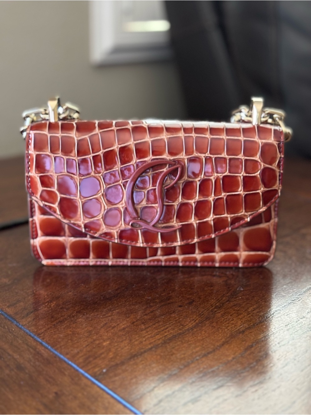 Christian Louboutin Croc-Embossed Chain Shoulder Bag in Burgundy